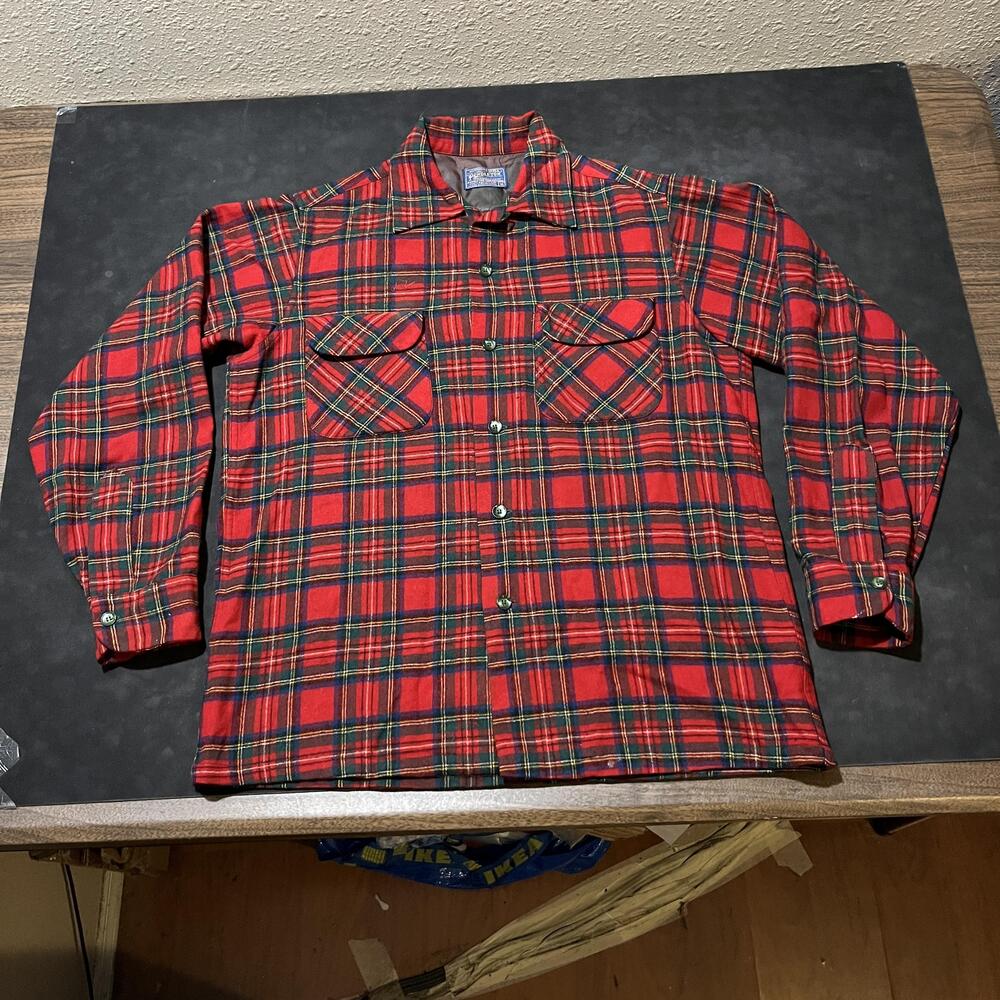 Vintage Pendleton Shirt Mens Flap Pocket Wool Board Shirt Loop Collar Plaid